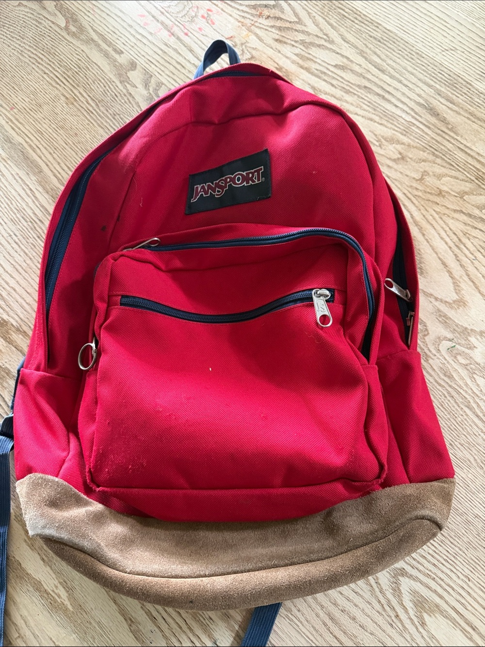Jansport Red Backpack with Suede Tan Bottom